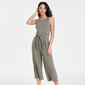 Sleeveless Crewneck Tie-Waist Jumpsuit, olive green